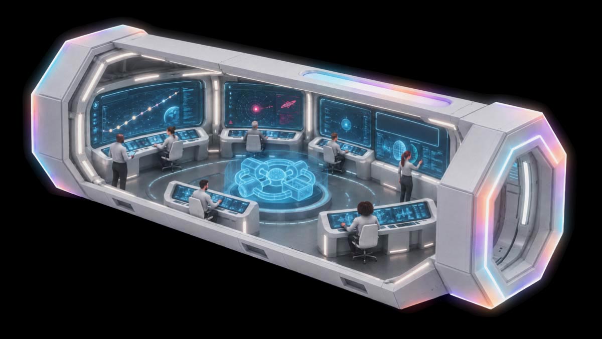 Isometric SALUS space station with four connected modules around a central hub